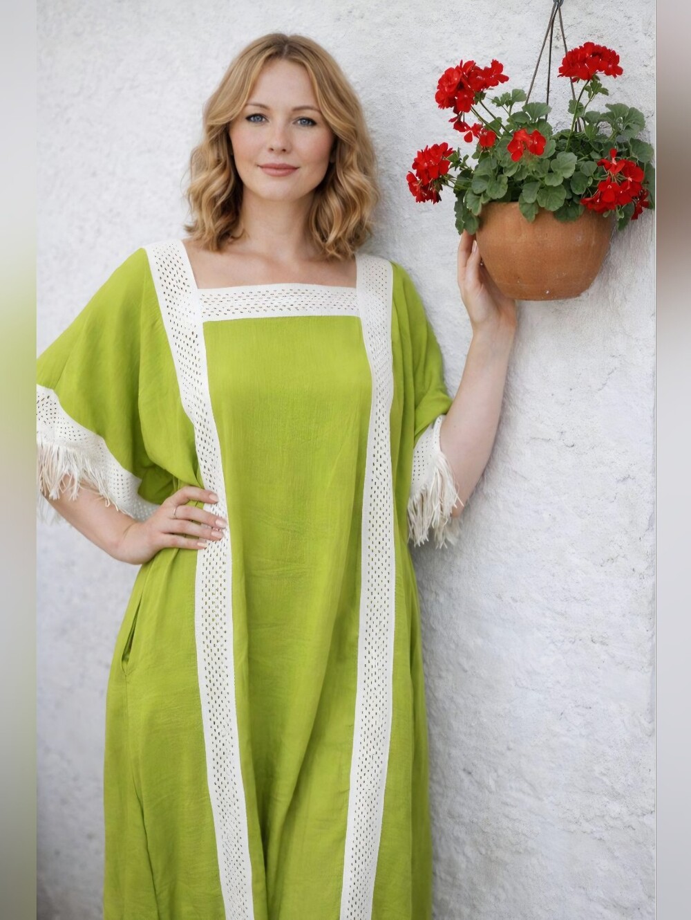 Linen-Blend Lime Green Caftan Dress with White Trim
